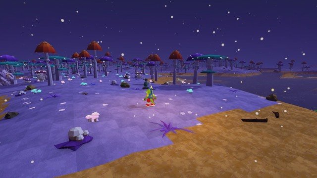 Glowing mushrooms lighting up Glowcap Hollow at night
